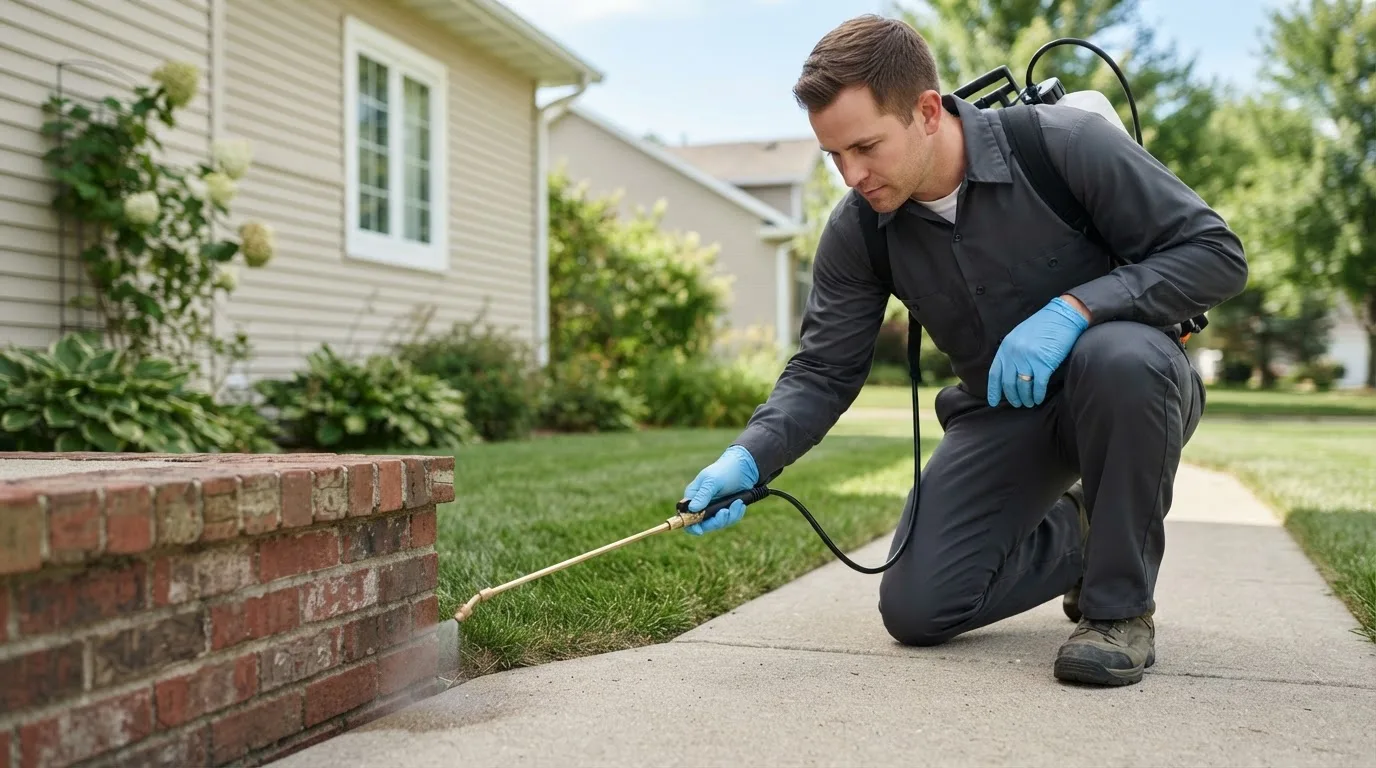 Pest control technician treating a home near Elkins, AR
